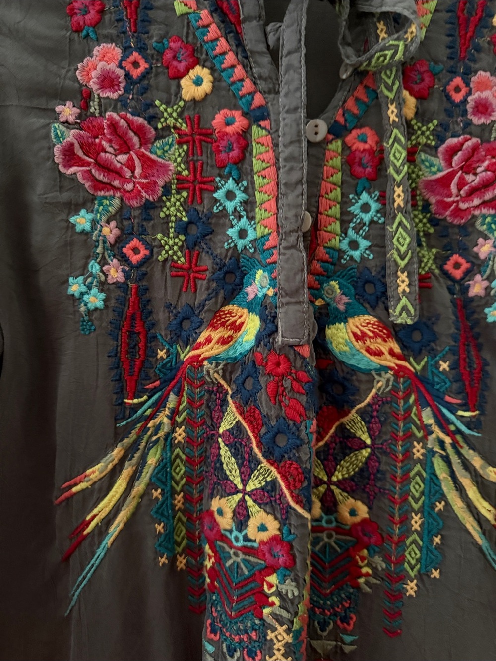 Johnny Was Charcoal Blouse with Vibrant Multicolor Embroidery - Picture 3 of 6